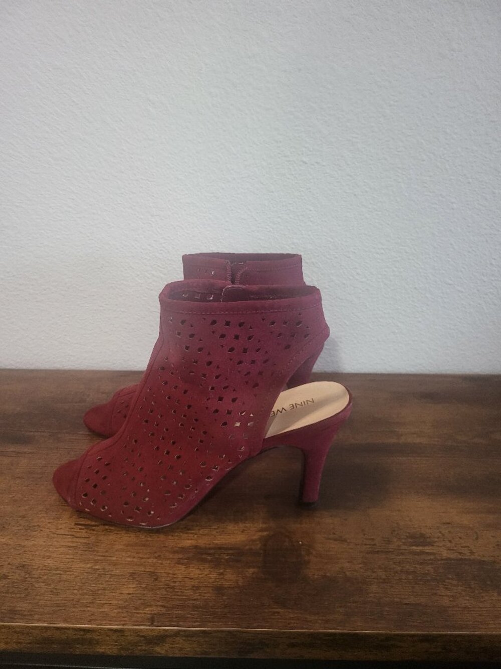 West Burgundy Wine Suede Perforated Peep Toe Open Back Heels 8.5